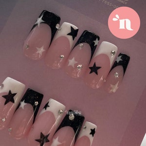 Premium Custom Gel Press On Nails | Black & White French Tips with Glitter and Handpainted Stars | Super Natural Base Colour