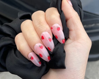 Premium Custom Gel Press On Nails | Strawberry Print | Super Natural Base Colour