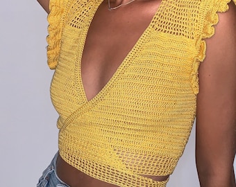 Handmade Crochet Crop Top: Yellow Cotton Wrap, Summer Festival Style