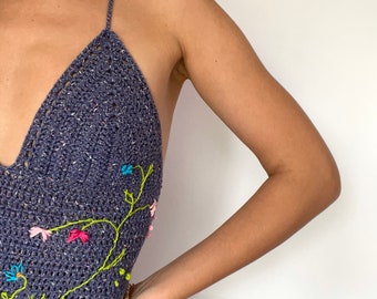 Floral Crochet Crop Top, Embroidered Crochet Crop Top, Halter Crochet Crop Top