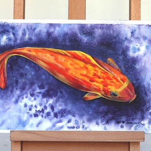 Koi fish Artwork, original watercolor painting, Koi fish Art, original Wall Art, Orange, Red, Deep Purple