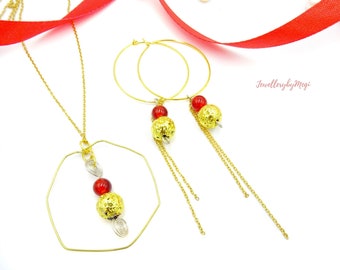 Womens jewellery set, International Womens Day gift, Mothers Day gift, Gemstone jewellery set, Agate red necklace, Gold plated hoop earrings