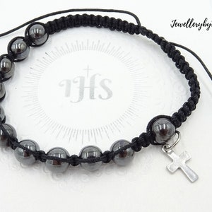 Hematite Rosary Bracelet, Protection, Calming, Healing, Root Chakra Stone, Prayer bracelet, Stainless Steel Holy Cross, Catholic bracelet