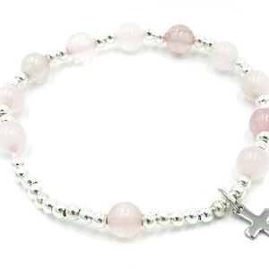 Eerste communie armband, rozenkwarts rozenkrans armband, 6mm rozenkwarts edelsteen, katholieke rozenkrans elastische armband, staal heilig kruis, UK winkel