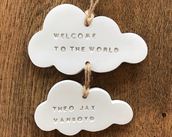 Personalised Cloud Baby Keepsake • Clay Cloud • Newborn Keepsake • New Baby Gift • Handmade Clay Tag • Welcome to the World • Cloud Decor •