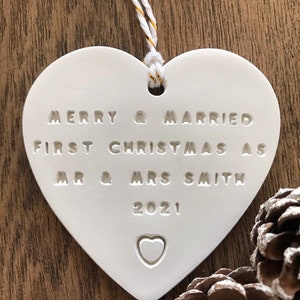 Merry and Married Christmas Bauble • First Christmas as Mr and Mrs • Newly Wed Gift • Christmas Wedding Gift • Personalised Clay Decoration