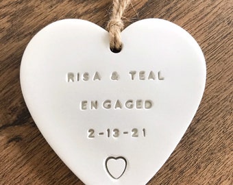 Personalised Engagement Gift For Couple • Wedding Keepsake • Couple Engagement Bauble • Clay Heart • Handmade Gifts • Holiday Proposal •