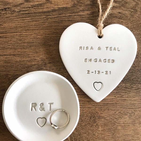 Personalised Engagement Gifts • Wedding Gift Set • Clay Heart • Ring Dish • Wedding Keepsake • Couple Mr and Mrs Gift • Trinket Dish Plaque