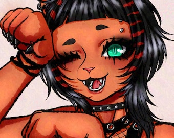 Aanvaardbaar personage / Harig personage Goth Alt Emo Cat / Fursona / Handgemaakte digitale kunst / Origineel personageontwerp / PNG-bestand / Geen AI