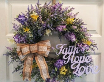 Faith Hope Love, Purple Lavender Lilac Forsythia Wreath with Burlap Lace Bow- Mother's Day Gift, Spring Wreath, Housewarming Gift