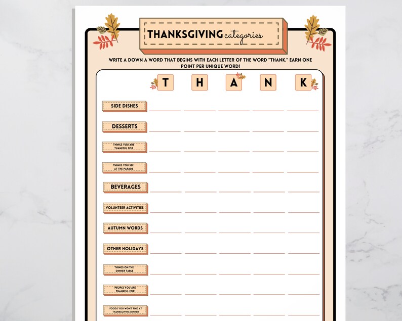 Thanksgiving Categories party game with fall design is shown against a gray background. Write down a word that begins with each letter of the word "THANK." Earn one point per unique word!