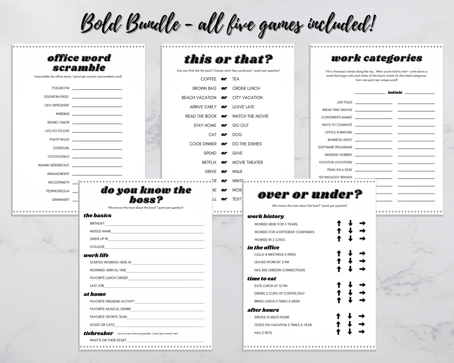 5 Printable Work Party Games Bundle Virtual Happy Hour Etsy