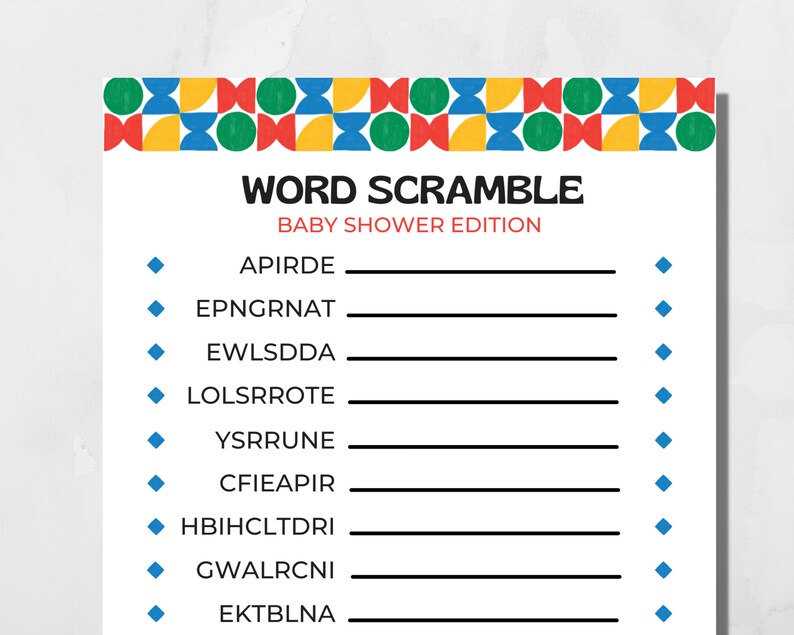Baby Shower Word Scramble Game Printable, Instant Download Word Game