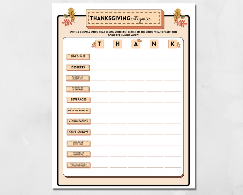 Thanksgiving Categories printable fall game with autumn-themed design featuring colorful leaves is shown.