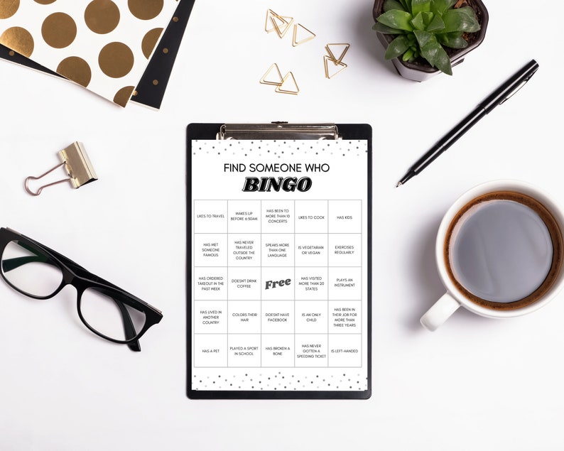 May include: A printable bingo card with the title "Find Someone Who Bingo". The card has a grid of 25 squares with various prompts, such as "Has ordered takeout in the past week", "Has lived in another country", and "Has been to more than 10 concerts".