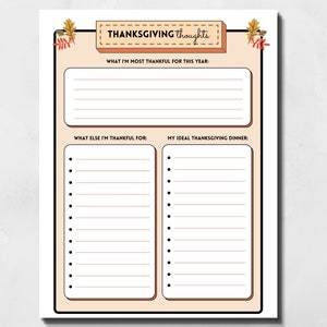 Thanksgiving Thoughts printable holiday gratitude activity sheet is shown on a gray background.