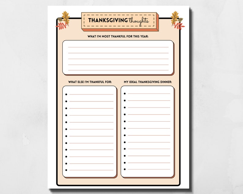 Thanksgiving Thoughts printable holiday gratitude activity sheet is shown on a gray background.