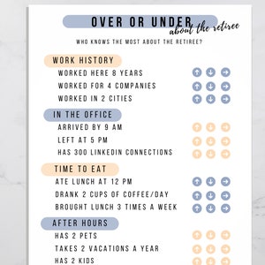 Over or Under Printable Retirement Game, Icebreaker Activity, Retiree Game, Office Game Instant Download, Work Party Printable Happy Hour