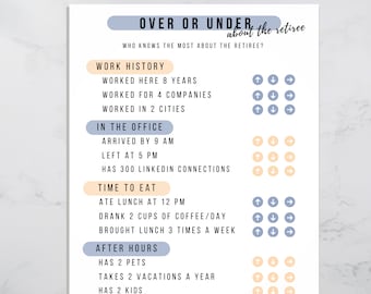 Over or Under Printable Retirement Game, Icebreaker Activity, Retiree Game, Office Game Instant Download, Work Party Printable Happy Hour