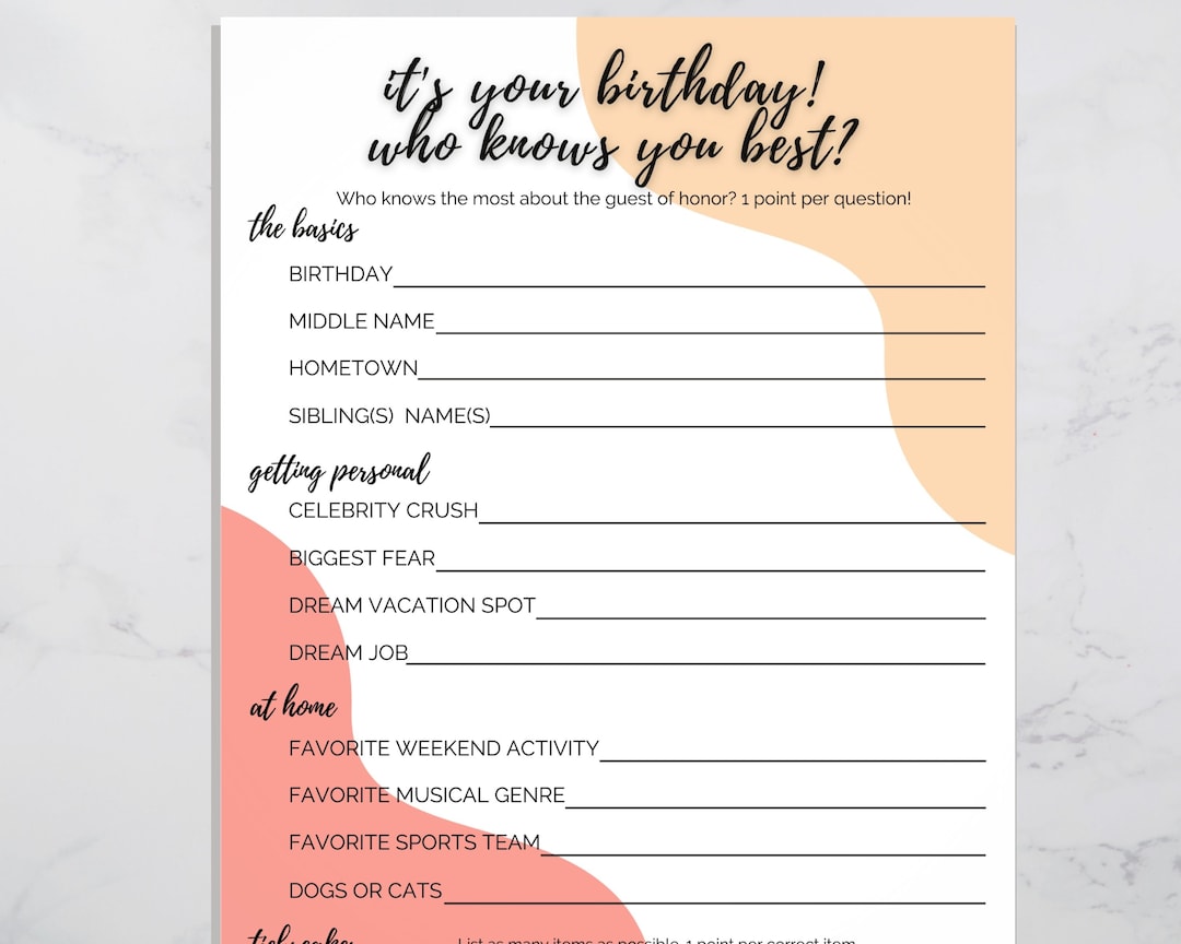 Who Knows You Best Fun Printable Birthday Game Who Knows the - Etsy Norway