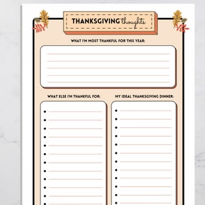 Thanksgiving Thoughts printable holiday activity is shown on a gray background. Prompts include: "What I'm most thankful for this year," "What else I'm thankful for," "My ideal Thanksgiving Dinner."