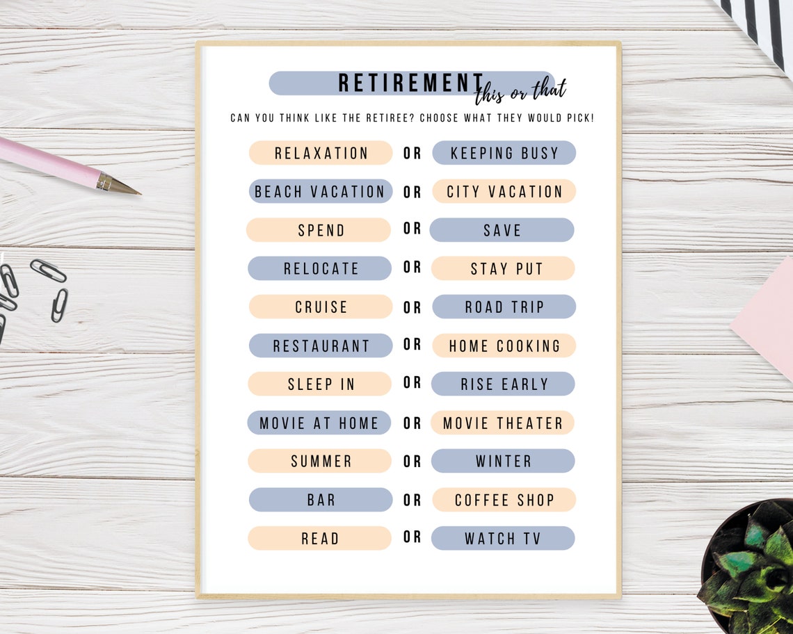 Spending My Retirement In A Game This or That Printable Retirement Game Icebreaker Activity - Etsy