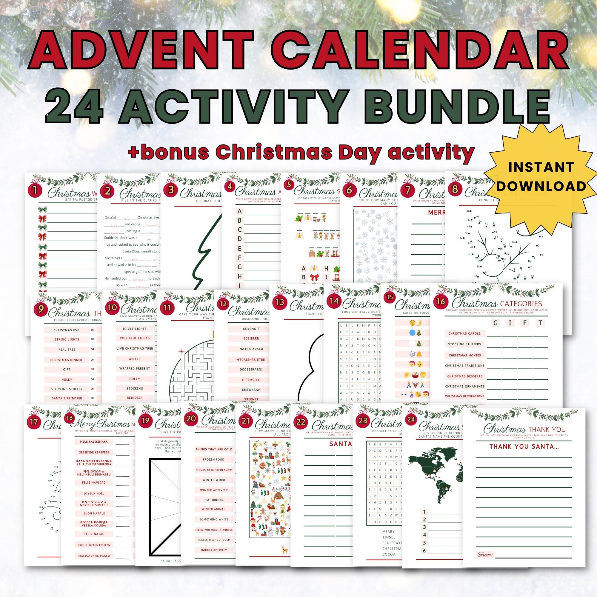 Advent Calendar Activity Bundle, Printable Christmas Games Instant ...