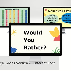 May include: A computer screen displaying a "Would You Rather" game with two options: give up all drinks except for water or give up eating anything cooked in an oven. The screen is on a desk with a second computer screen in the background displaying a grid of numbers.