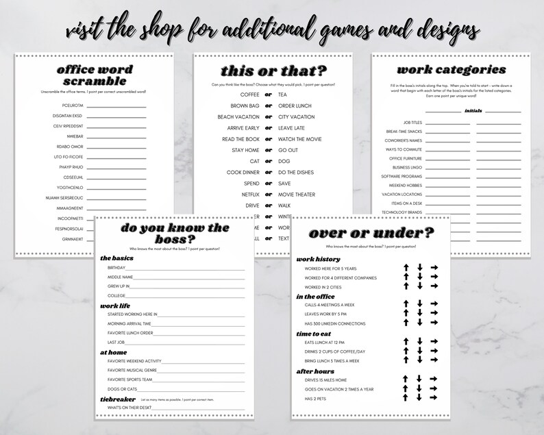 May include: A printable set of office games for coworkers. The games include "Office Word Scramble", "This or That?", "Do You Know the Boss?", "Work Categories", and "Over or Under?"