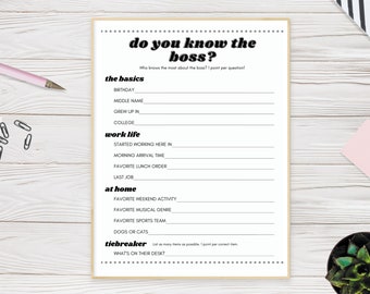 Wer kennt den Boss druckbares Spiel, Arbeit Happy Hour Aktivität, Spaß Digital Büro Spiel Sofort Download, Coworker Spiel für Work Party, Chef