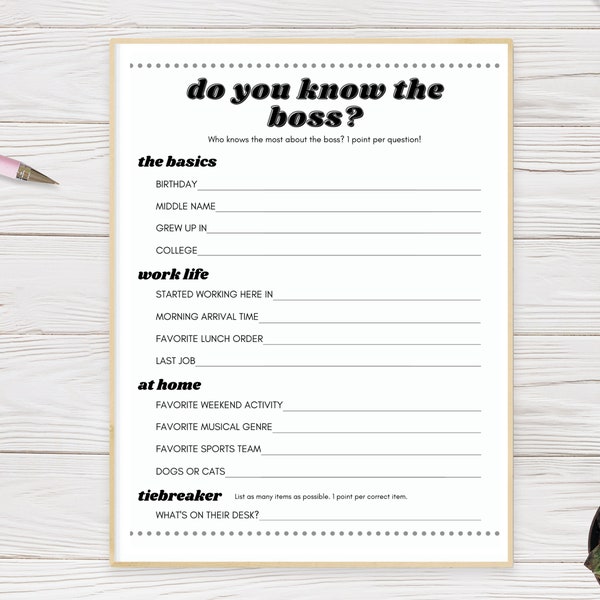 Who Knows the Boss Printable Game, Work Happy Hour Activity, Fun Digital Office Game Instant Download, Coworker Game for Work Party, Manager