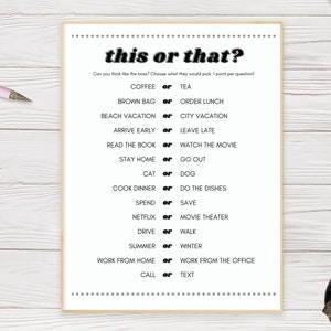 May include: A printable "This or That?" game with 12 questions. Each question presents two options, such as "Coffee or Tea" and "Brown Bag or Order Lunch".