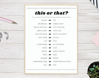 This or That Printable Game | Would She Rather Game | Virtual Work Happy Hour Activity | Fun Digital Office Game | Instant Download