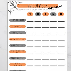 Halloween Categories scattegories-style game is displayed on a gray background. This printable Halloween party game is on a white background with orange and gray accents. Halloween-themed words are listed for you to play the category game.