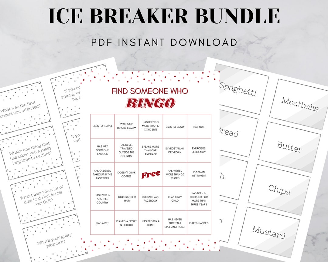 3 Games Ice Breaker Bundle, Find Someone Who Bingo, Conversation Starter Cards, Find the Pair