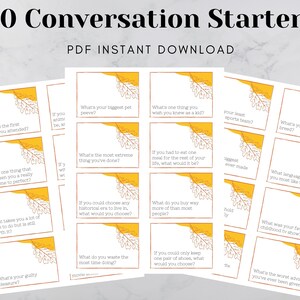 80 Conversation Starters - PDF Instant Download. Image of three of the conversation card sheets, each page with 8 different conversation cards with an orange-yellow leaf design.