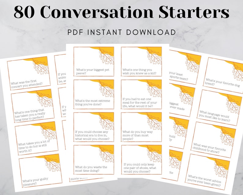 80 Conversation Starters - PDF Instant Download. Image of three of the conversation card sheets, each page with 8 different conversation cards with an orange-yellow leaf design.