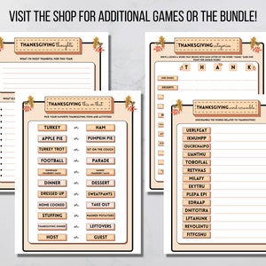 Visit the shop for additional games or the bundle! Four-game Thanksgiving Activity Bundle, with Thanksgiving Thoughts, Thanksgiving Categories, Thanksgiving This or That, and Thanksgiving Word Scramble is shown.