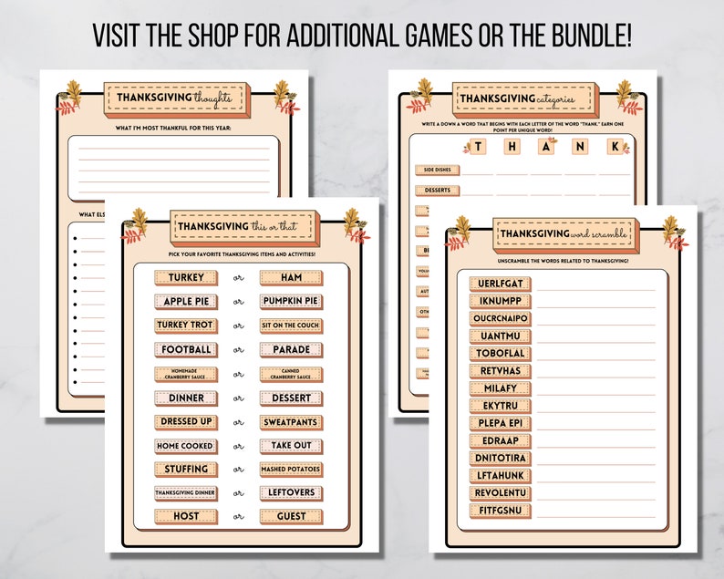 Visit the shop for additional games or the bundle! Four-game Thanksgiving Activity Bundle, with Thanksgiving Thoughts, Thanksgiving Categories, Thanksgiving This or That, and Thanksgiving Word Scramble is shown.
