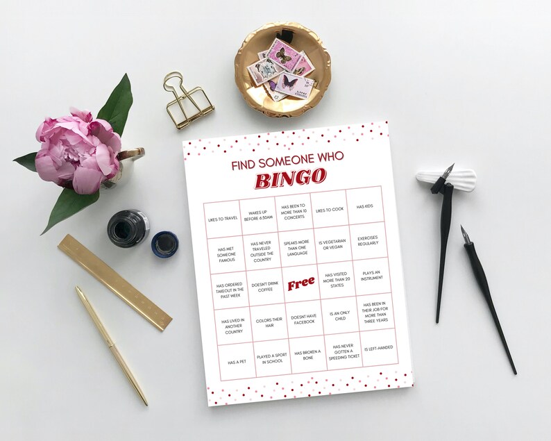 May include: A printable bingo card with the title "Find Someone Who Bingo". The card has a grid of 25 squares with various prompts, such as "Has been to more than 10 concerts", "Has met someone famous", "Has lived in another country", and "Has broken a bone".