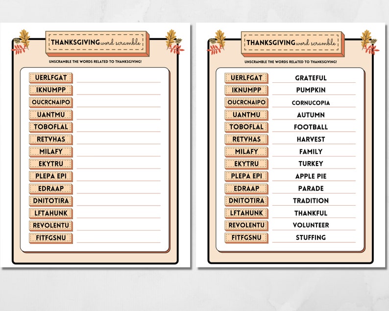 Thanksgiving word scramble printable party game is shown next to the provided answer sheet that can be used to determine the game winner.
