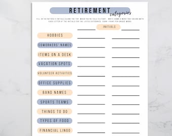 Retirement Categories Game: Fun Office Party Activity (Printable Word Game)