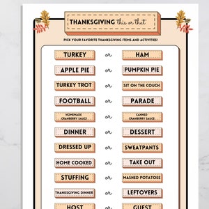 Thanksgiving This or That printable Fall party game is shown on a gray background. This instant download features an Autumn-themed design with multicolored leaves. "Pick your favorite Thanksgiving items and activities!"