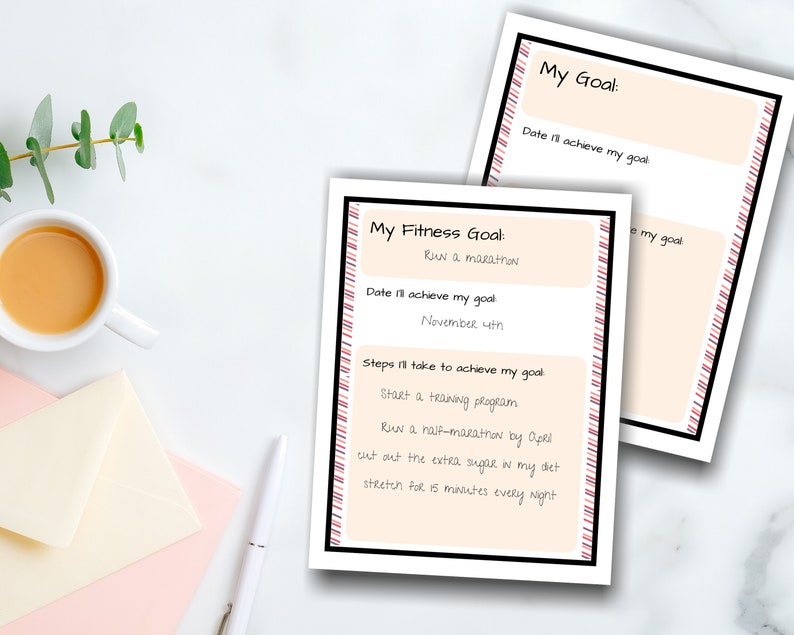 May include: A printable goal setting worksheet with a pink and white striped border. The worksheet is titled "My Fitness Goal" and includes the text "Run a marathon". The worksheet also includes sections for the date the goal will be achieved, and steps to take to achieve the goal.