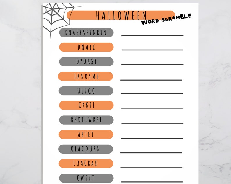 Halloween Word Scramble game is shown on a gray background. The fun Halloween word game for kids and adults is designed in orange, black, and gray, with a spider web in the corner to add spookiness.