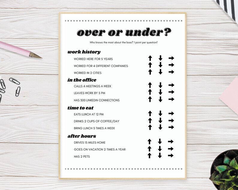 May include: A printable game sheet with the title "Over or Under?" and a list of questions about a boss's work history, office habits, eating habits, and after-hours activities. Each question has three arrows, one pointing up, one pointing down, and one pointing to the right, for players to choose from.