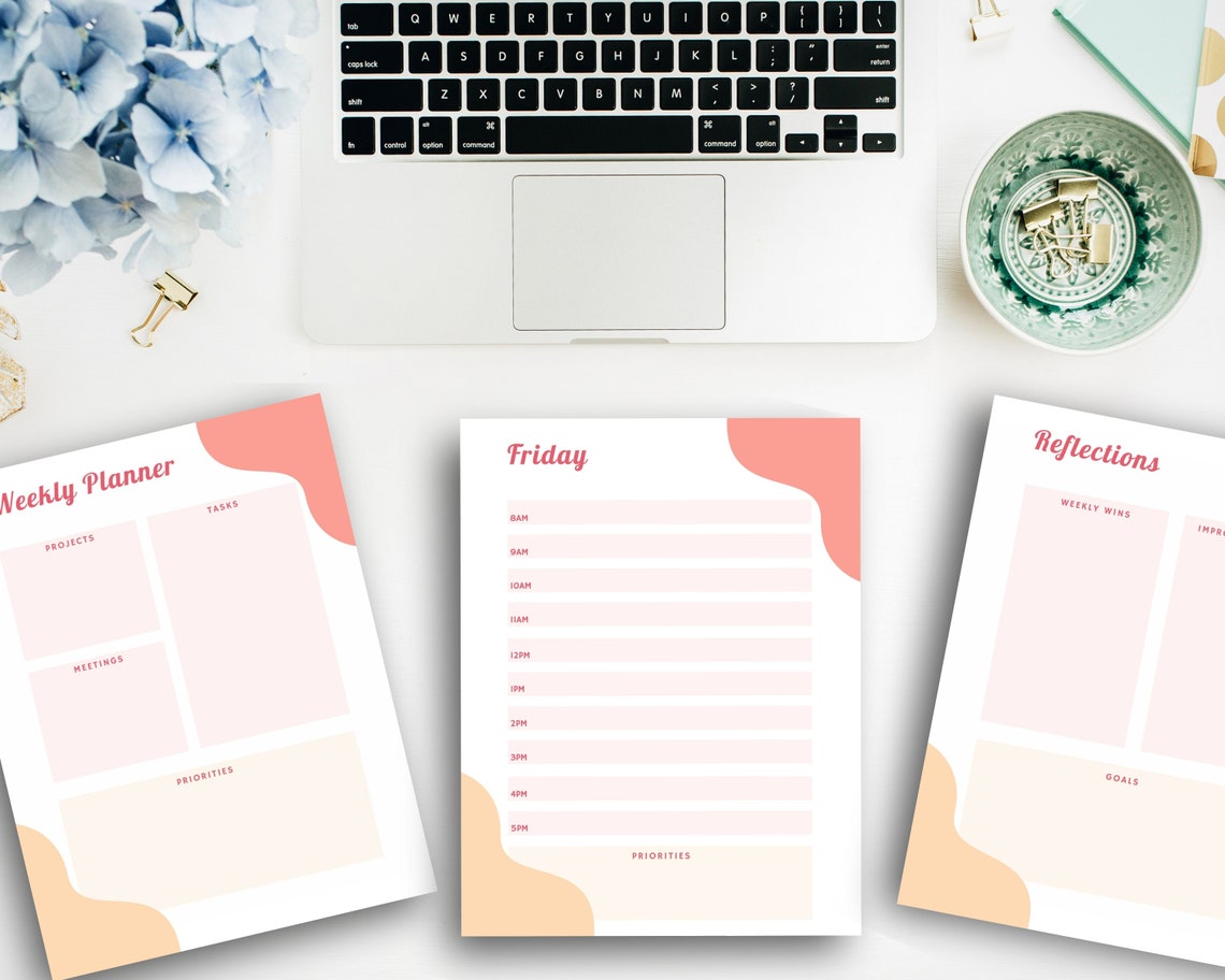 Weekly Planner Printable, Reflection Journal Page Printable, Hourly Schedule Daily Planner Time ...