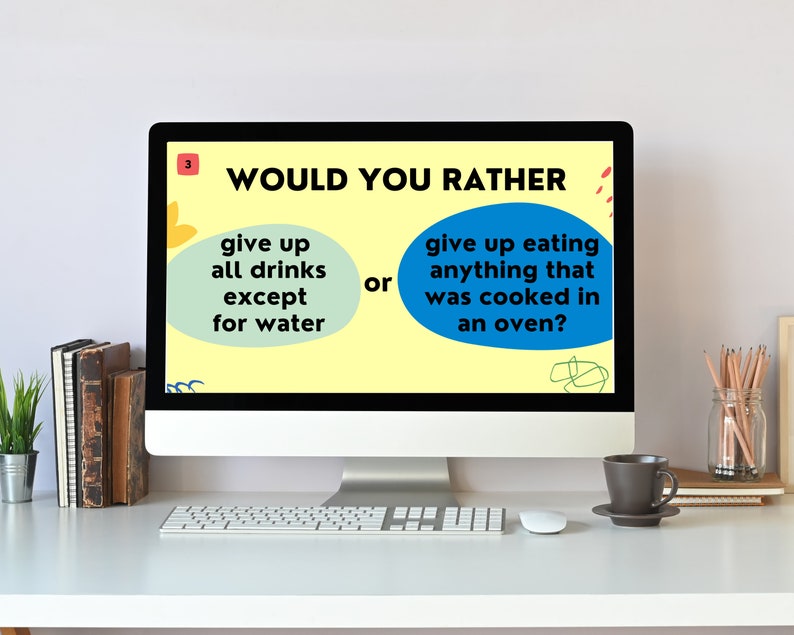 May include: A computer screen displaying a "Would You Rather" question. The question asks: "Give up all drinks except for water or give up eating anything that was cooked in an oven?"