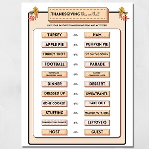 Thanksgiving This or That printable holiday party game.