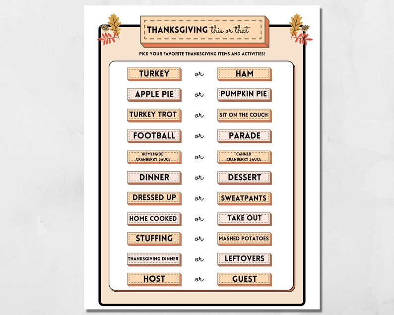 Thanksgiving This or That printable holiday party game.